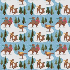 Bear family ice skating in the forest, mid-century style