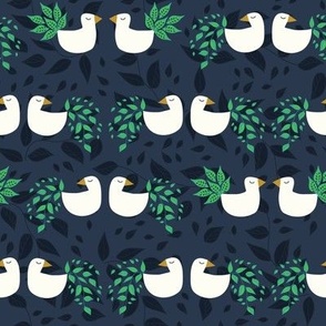 Horizontal Rows of White Birds with Green Leafy Tail Feathers and Background Ivy on Navy Ground