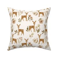 watercolor deer and wildflowers in neutral ochre brown - large