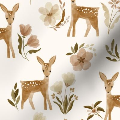 watercolor deer and wildflowers in neutral ochre brown - large