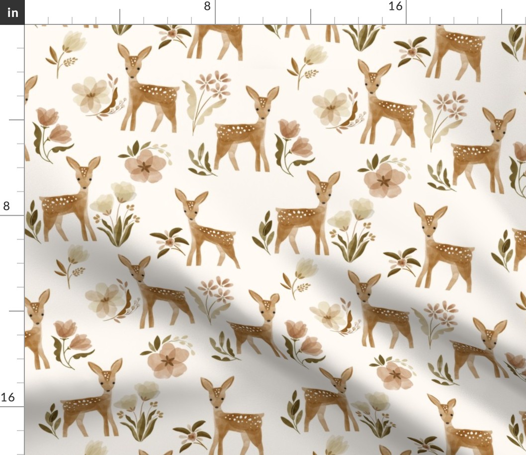 watercolor deer and wildflowers in neutral ochre brown - large