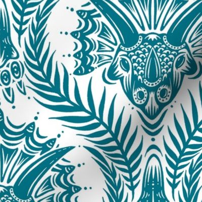 Triceratops Damask - large - teal on white