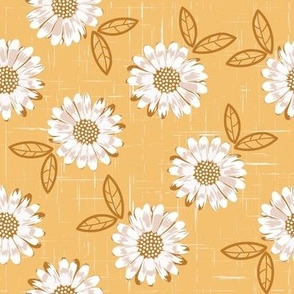 Boho Daisies on Mustard Linen Style Background