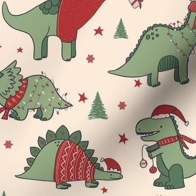  Christmas Dino Santa Dinosaur Trex Gender Neutral Muted