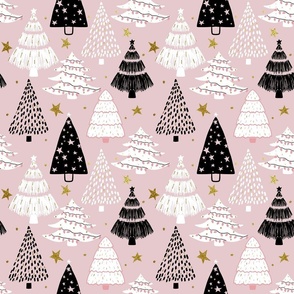 Christmas Trees Festive Trees Pink Black Glittery Stars