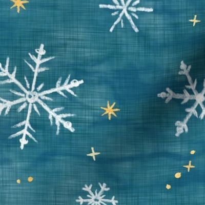Shibori Snow and Stars on Teal (xl scale) | Snowflakes and gold stars on blue green, arashi shibori linen pattern, block printed stars on ocean blue, Christmas fabric, winter night sky.