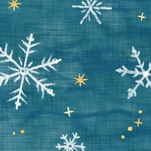 Shibori Snow and Stars on Teal (xl scale) | Snowflakes and gold stars on blue green, arashi shibori linen pattern, block printed stars on ocean blue, Christmas fabric, winter night sky.