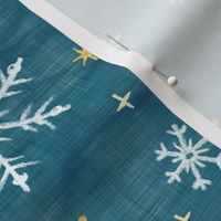 Shibori Snow and Stars on Teal (large scale) | Snowflakes and gold stars on blue green, arashi shibori linen pattern, block printed stars on ocean blue, Christmas fabric, winter night sky.