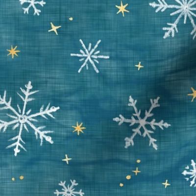 Shibori Snow and Stars on Teal (large scale) | Snowflakes and gold stars on blue green, arashi shibori linen pattern, block printed stars on ocean blue, Christmas fabric, winter night sky.