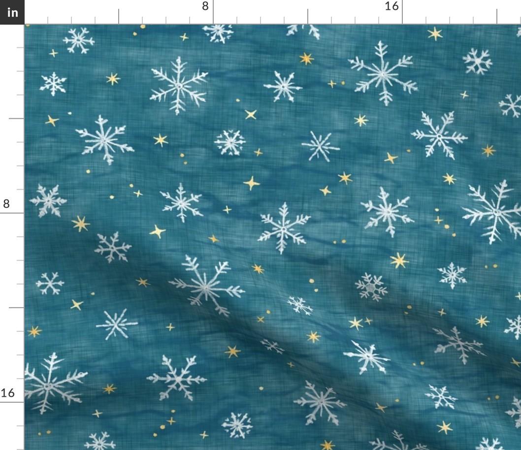 Shibori Snow and Stars on Teal (large scale) | Snowflakes and gold stars on blue green, arashi shibori linen pattern, block printed stars on ocean blue, Christmas fabric, winter night sky.