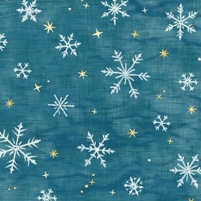 Shibori Snow and Stars on Teal | Snowflakes and gold stars on blue green, arashi shibori linen pattern, block printed stars on ocean blue, Christmas fabric, winter night sky.