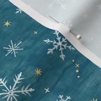 Shibori Snow and Stars on Teal (small scale) | Snowflakes and gold stars on blue green, arashi shibori linen pattern, block printed stars on ocean blue, Christmas fabric, winter night sky.