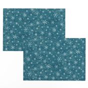 Shibori Snow and Stars on Teal (small scale) | Snowflakes and gold stars on blue green, arashi shibori linen pattern, block printed stars on ocean blue, Christmas fabric, winter night sky.