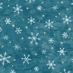 Shibori Snow and Stars on Teal (small scale) | Snowflakes and gold stars on blue green, arashi shibori linen pattern, block printed stars on ocean blue, Christmas fabric, winter night sky.