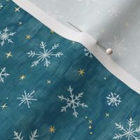 Shibori Snow and Stars on Teal (extra small scale) | Snowflakes and gold stars on blue green, arashi shibori linen pattern, block printed stars on ocean blue, Christmas fabric, winter night sky.