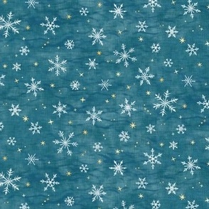 Shibori Snow and Stars on Teal (extra small scale) | Snowflakes and gold stars on blue green, arashi shibori linen pattern, block printed stars on ocean blue, Christmas fabric, winter night sky.