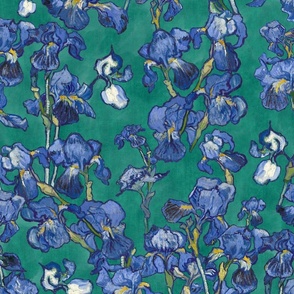 Vincent Van Gogh Irises on viridian green background 