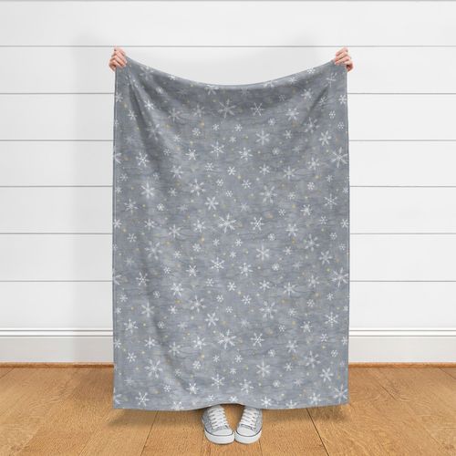 Shibori Snow and Stars in Silver and Gold (xl scale) | Snowflakes and gold stars on arashi shibori linen pattern, block printed stars on feather gray, Christmas fabric, winter night sky.