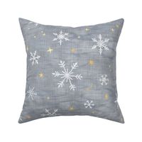 Shibori Snow and Stars in Silver and Gold (xl scale) | Snowflakes and gold stars on arashi shibori linen pattern, block printed stars on feather gray, Christmas fabric, winter night sky.