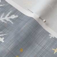 Shibori Snow and Stars in Silver and Gold (xl scale) | Snowflakes and gold stars on arashi shibori linen pattern, block printed stars on feather gray, Christmas fabric, winter night sky.
