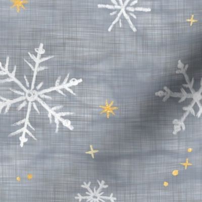 Shibori Snow and Stars in Silver and Gold (xl scale) | Snowflakes and gold stars on arashi shibori linen pattern, block printed stars on feather gray, Christmas fabric, winter night sky.