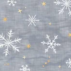 Shibori Snow and Stars in Silver and Gold (large scale) | Snowflakes and gold stars on arashi shibori linen pattern, block printed stars on feather gray, Christmas fabric, winter night sky.