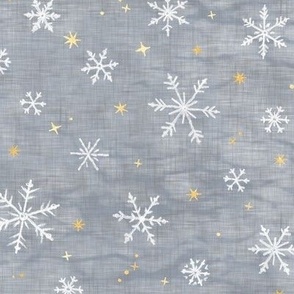 Shibori Snow and Stars in Silver and Gold | Snowflakes and gold stars on arashi shibori linen pattern, block printed stars on feather gray, Christmas fabric, winter night sky.