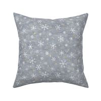 Shibori Snow and Stars in Silver and Gold (small scale) | Snowflakes and gold stars on arashi shibori linen pattern, block printed stars on feather gray, Christmas fabric, winter night sky.