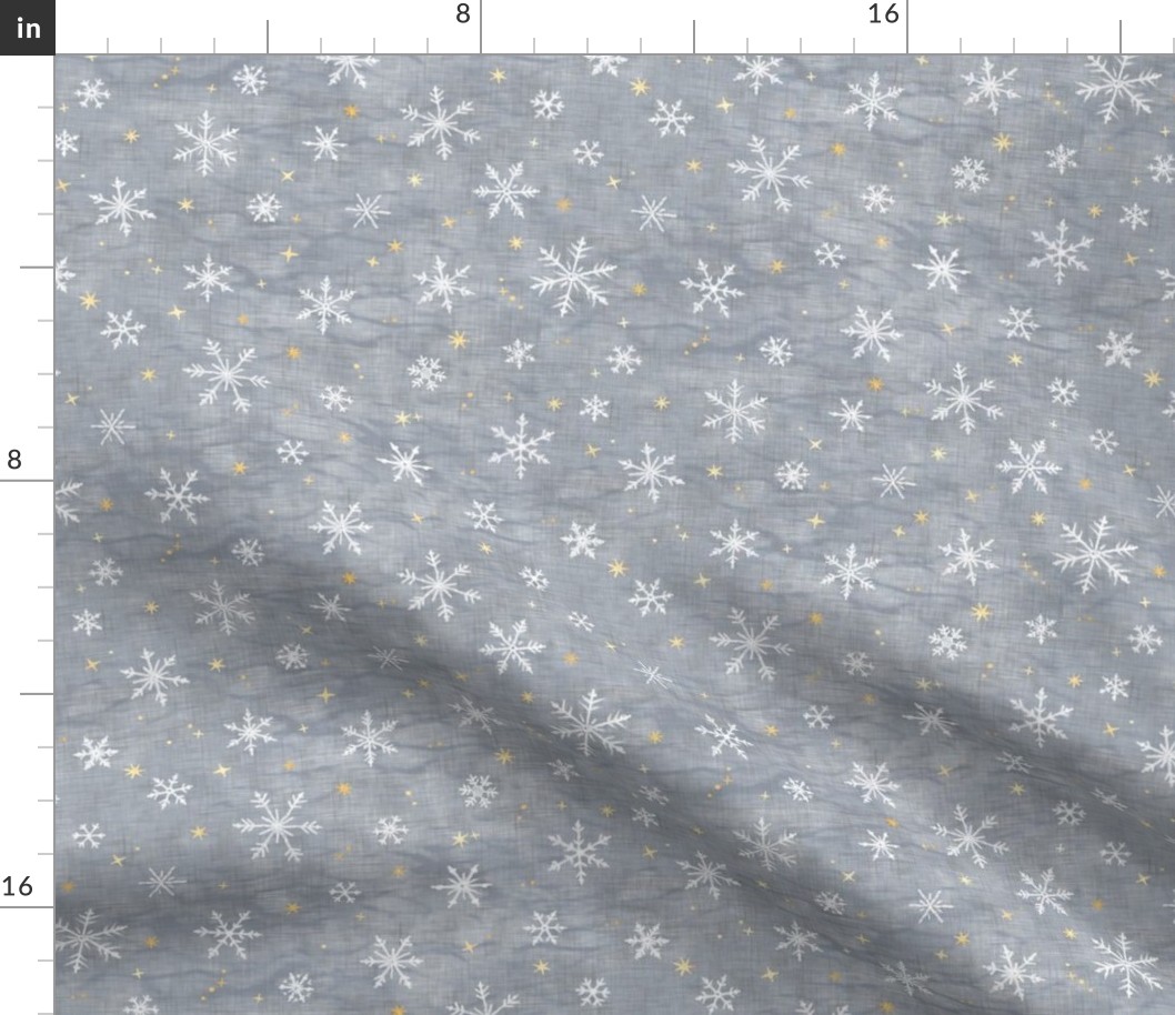 Shibori Snow and Stars in Silver and Gold (small scale) | Snowflakes and gold stars on arashi shibori linen pattern, block printed stars on feather gray, Christmas fabric, winter night sky.