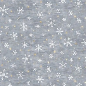 Shibori Snow and Stars in Silver and Gold (extra small scale) | Snowflakes and gold stars on arashi shibori linen pattern, block printed stars on feather gray, Christmas fabric, winter night sky.