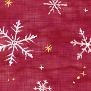 Shibori Snow and Stars in Red and Gold (xl scale) | Snowflakes and gold stars on cranberry, arashi shibori linen pattern, block printed stars on crimson red, pomegranate, Christmas red.