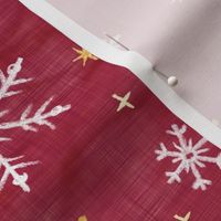 Shibori Snow and Stars in Red and Gold (large scale) | Snowflakes and gold stars on cranberry, arashi shibori linen pattern, block printed stars on crimson red, pomegranate, Christmas red.