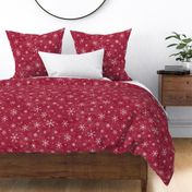 Shibori Snow and Stars in Red and Gold (large scale) | Snowflakes and gold stars on cranberry, arashi shibori linen pattern, block printed stars on crimson red, pomegranate, Christmas red.
