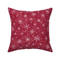 Shibori Snow and Stars in Red and Gold | Snowflakes and gold stars on cranberry, arashi shibori linen pattern, block printed stars on crimson red, pomegranate, Christmas red.