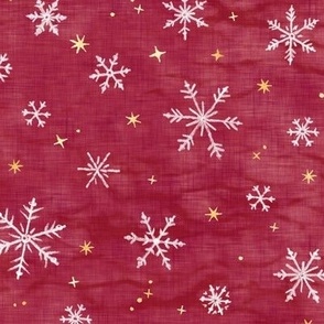 Shibori Snow and Stars in Red and Gold | Snowflakes and gold stars on cranberry, arashi shibori linen pattern, block printed stars on crimson red, pomegranate, Christmas red.