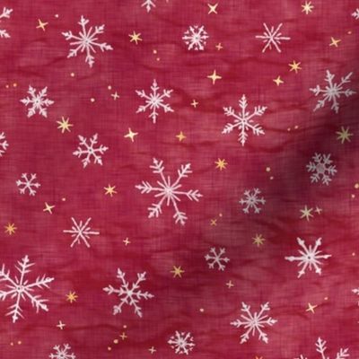 Shibori Snow and Stars in Red and Gold (small scale) | Snowflakes and gold stars on cranberry, arashi shibori linen pattern, block printed stars on crimson red, pomegranate, Christmas red.