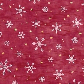 Shibori Snow and Stars in Red and Gold (small scale) | Snowflakes and gold stars on cranberry, arashi shibori linen pattern, block printed stars on crimson red, pomegranate, Christmas red.