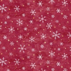 Shibori Snow and Stars in Red and Gold (extra small scale) | Snowflakes and gold stars on cranberry, arashi shibori linen pattern, block printed stars on crimson red, pomegranate, Christmas red.