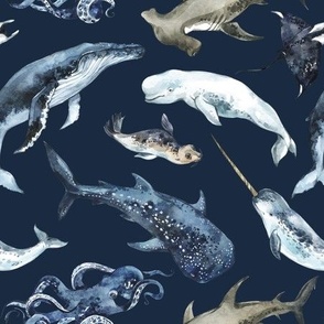 deep sea animals on dark blue