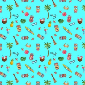 Aqua Tropical Hawaiian Tiki Repeat Pattern