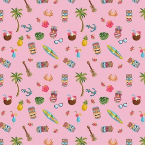 Tropical Hawaiian Tiki Repeat Pattern on Pink