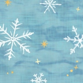 Shibori Snow and Stars on Ice Blue (xl scale) | Snowflakes and gold stars on arashi shibori linen pattern, block printed stars on turquoise blue, Christmas fabric, snow and ice.