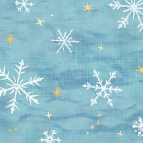 Shibori Snow and Stars on Ice Blue (large scale) | Snowflakes and gold stars on arashi shibori linen pattern, block printed stars on turquoise blue, Christmas fabric, snow and ice.