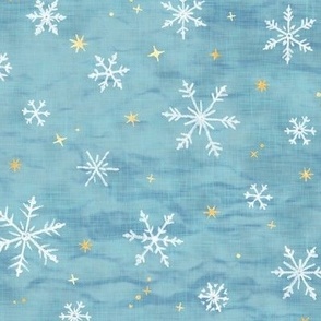 Shibori Snow and Stars on Ice Blue | Snowflakes and gold stars on arashi shibori linen pattern, block printed stars on turquoise blue, Christmas fabric, snow and ice.