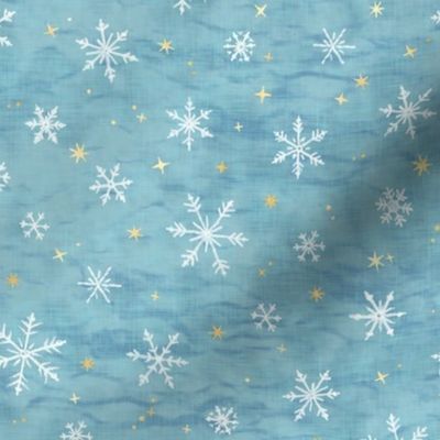 Shibori Snow and Stars on Ice Blue (small scale) | Snowflakes and gold stars on arashi shibori linen pattern, block printed stars on turquoise blue, Christmas fabric, snow and ice.