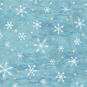 Shibori Snow and Stars on Ice Blue (small scale) | Snowflakes and gold stars on arashi shibori linen pattern, block printed stars on turquoise blue, Christmas fabric, snow and ice.