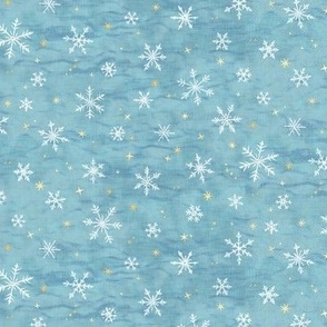 Shibori Snow and Stars on Ice Blue (extra small scale) | Snowflakes and gold stars on arashi shibori linen pattern, block printed stars on turquoise blue, Christmas fabric, snow and ice.