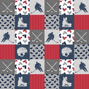 (3" scale) Ice Hockey Patchwork - Hockey Nursery - Wholecloth red, navy, and grey - C21