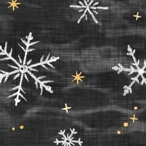 Shibori Snow and Stars in Charcoal (xl scale) | Snowflakes and gold stars on arashi shibori linen pattern, block printed stars, black and gold, Christmas fabric, winter night sky.