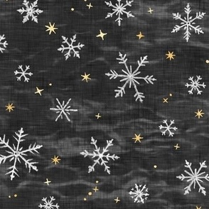 Shibori Snow and Stars in Charcoal  | Snowflakes and gold stars on arashi shibori linen pattern, block printed stars, black and gold, Christmas fabric, winter night sky.